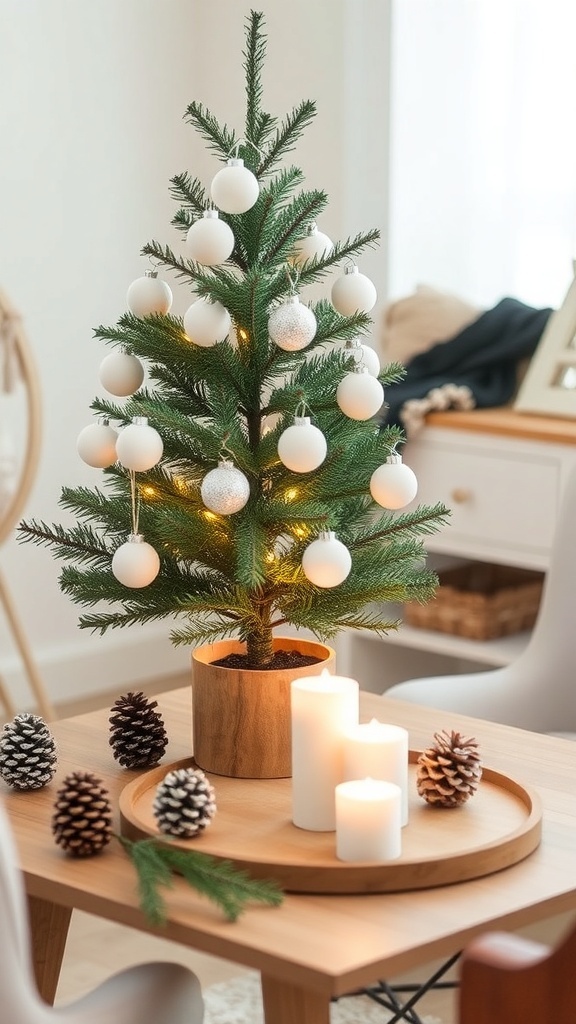 Minimalist Christmas decor with a small tree, white ornaments, and natural elements on a wooden table.